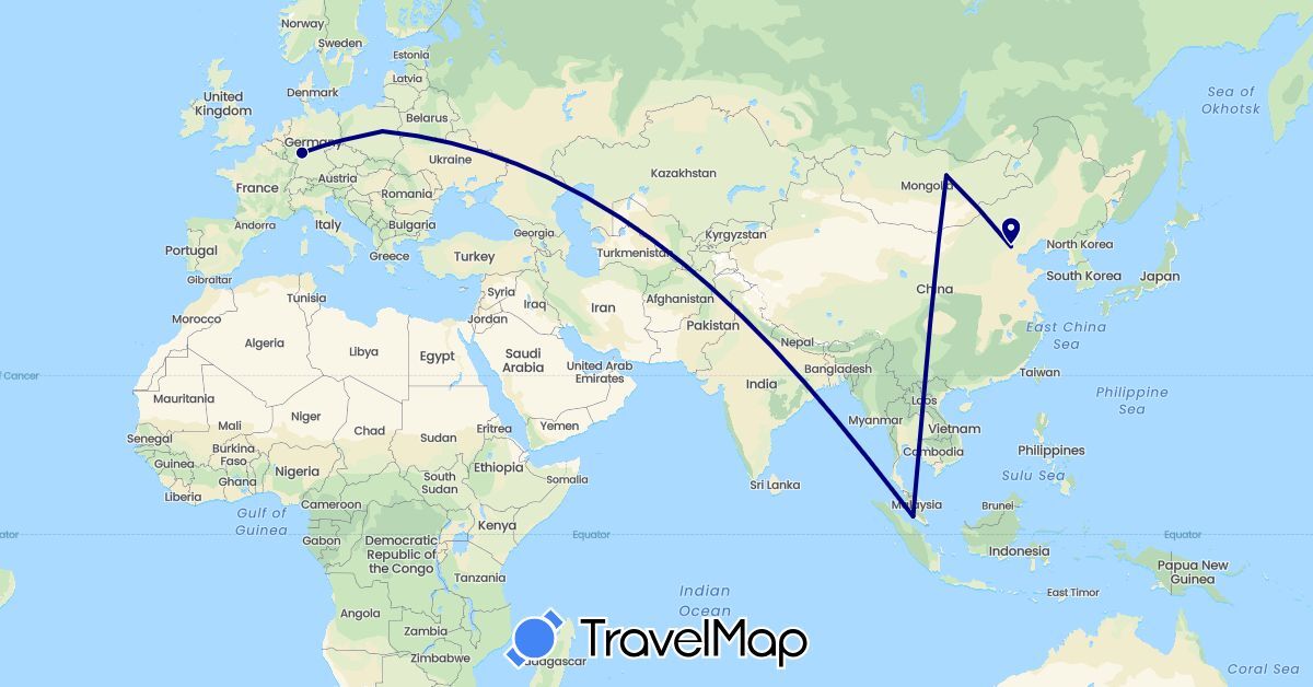 TravelMap itinerary: driving in China, Germany, Mongolia, Malaysia, Poland (Asia, Europe)